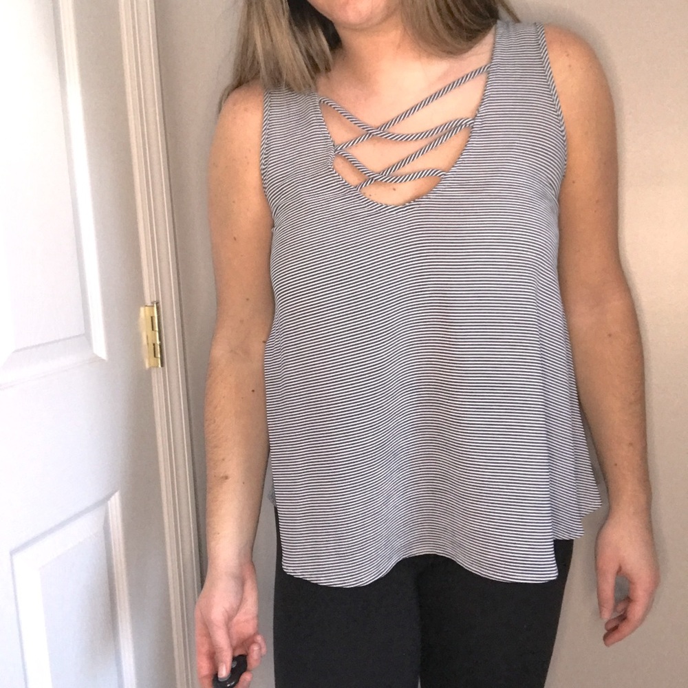 Blue and White Criss Cross Flowy Tank Top